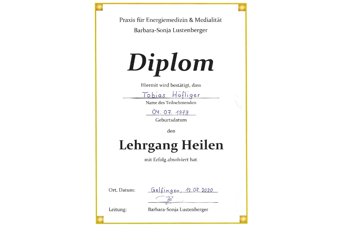 Tobias Häfliger Diplom Energiemedizin & Medialität Lehrgang Heilen