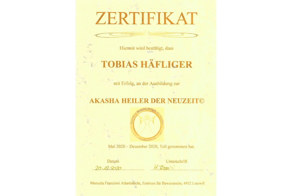 Tobias Häfliger Zertifikat Heiler der Neuzeit